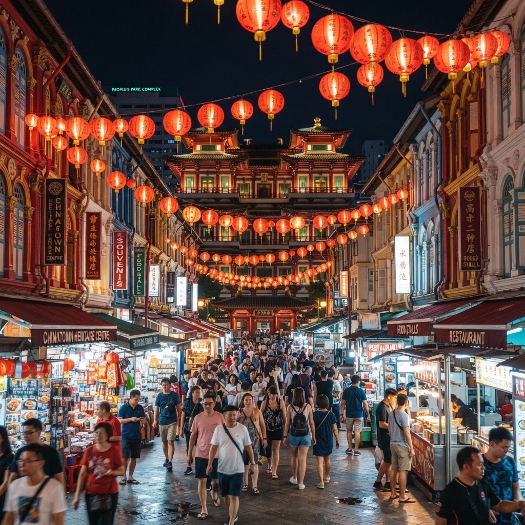 Singapore Chinatown at night with colourful heritage shophouses on Pagoda Street lit up with red lanterns and the Buddha Tooth Relic Temple in the background