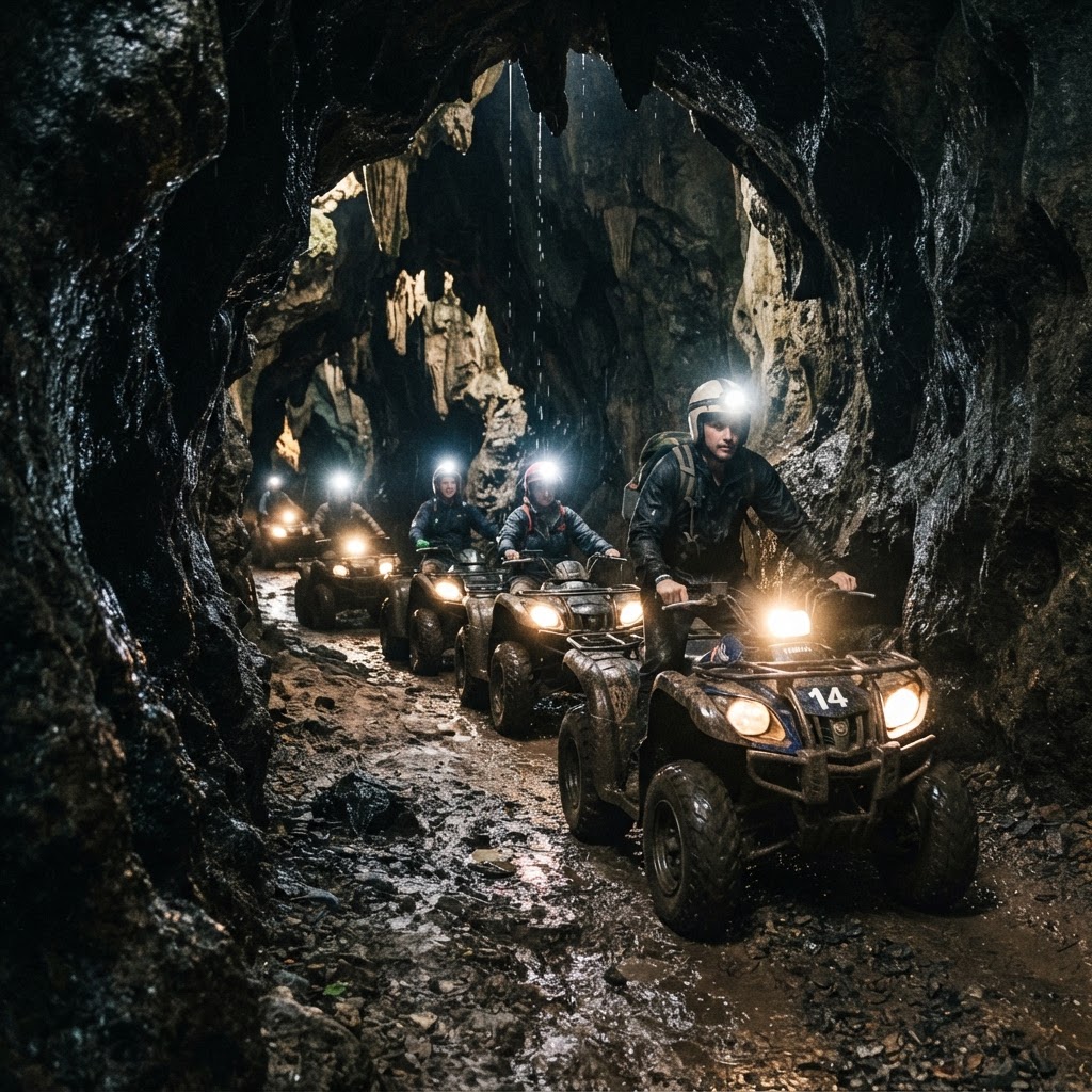 ATV quad bikes riding through a cave tunnel in Bali