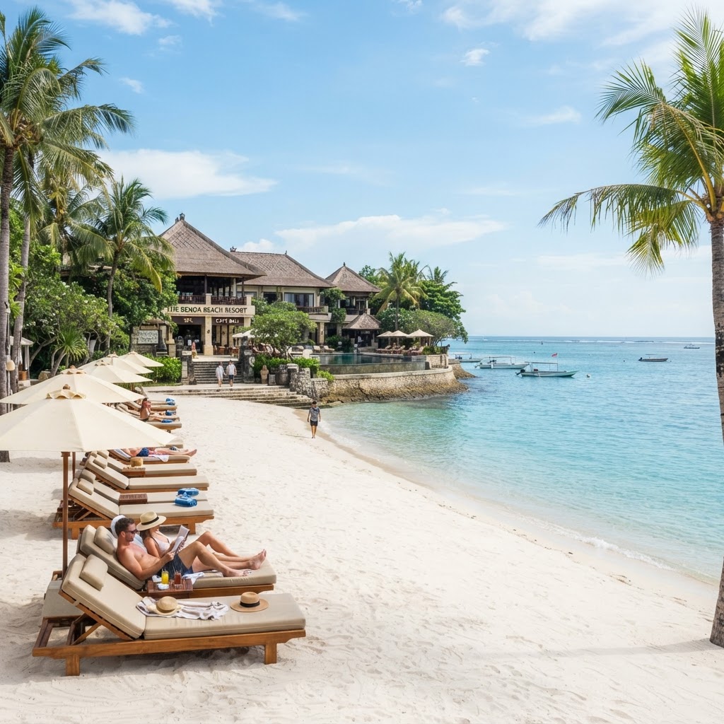 White sand beach at Novotel Bali Benoa in Tanjung Benoa with calm turquoise sea