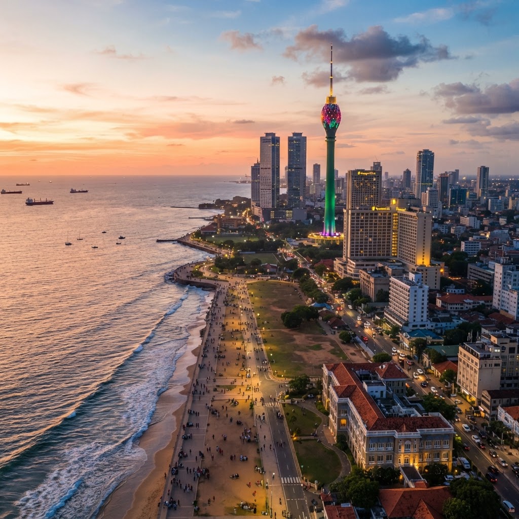 Aerial view of Colombo Sri Lanka skyline with Galle Face Green and the Indian Ocean at golden hour
