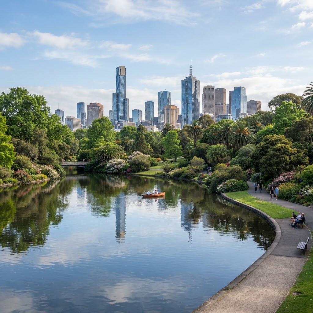 Royal Botanic Gardens lake with city skyline, Melbourne
