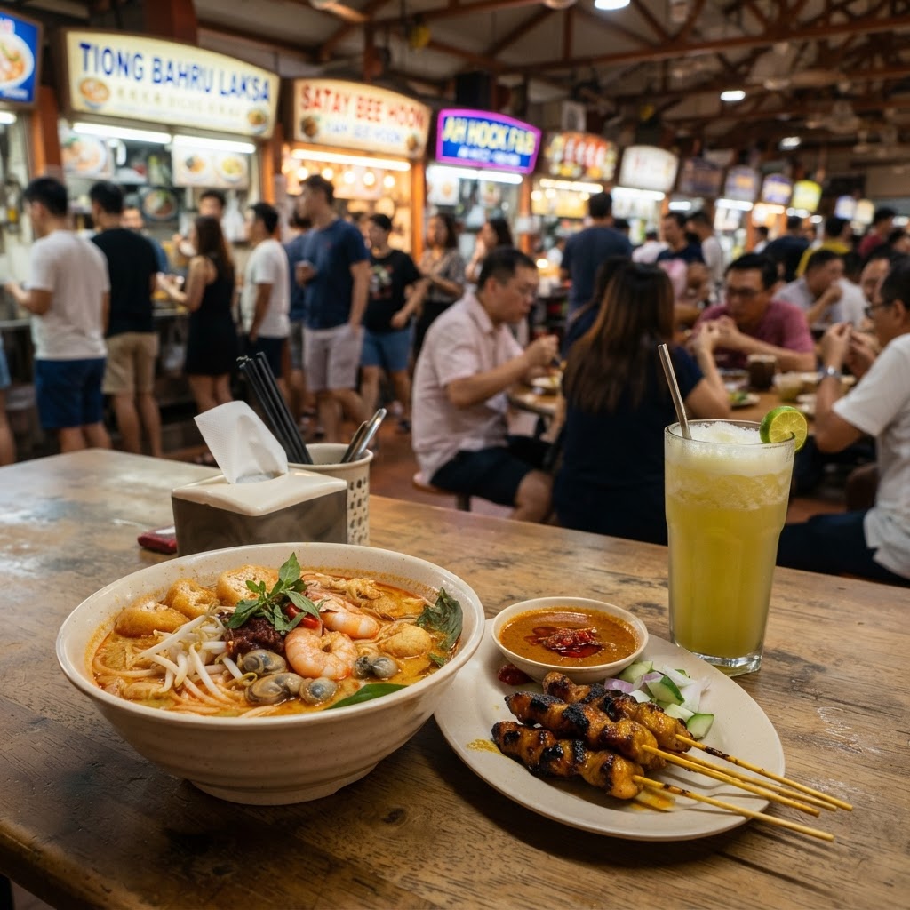 A Singapore hawker centre scene with a bowl of laksa, satay skewers and a glass of sugarcane juice on a table