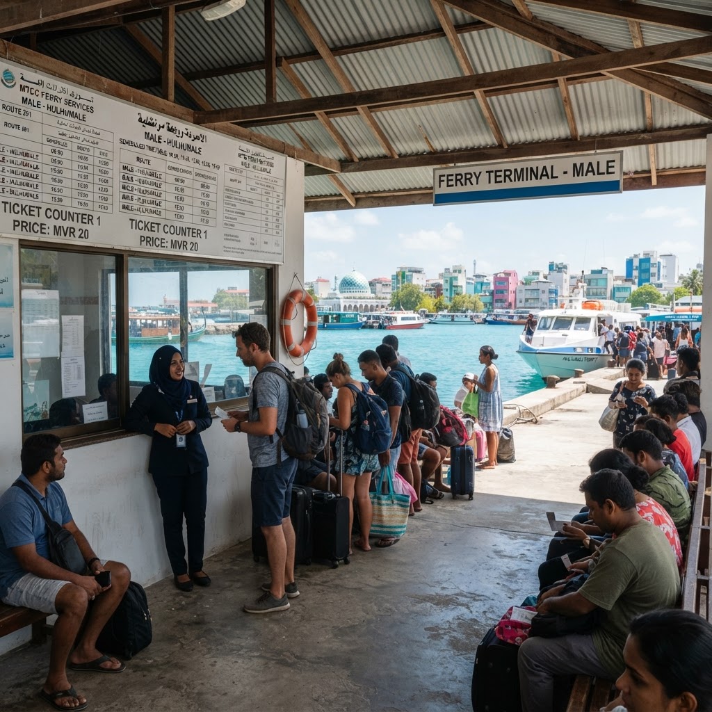 Maldives ferry terminal ticket counter and waiting area with timetables