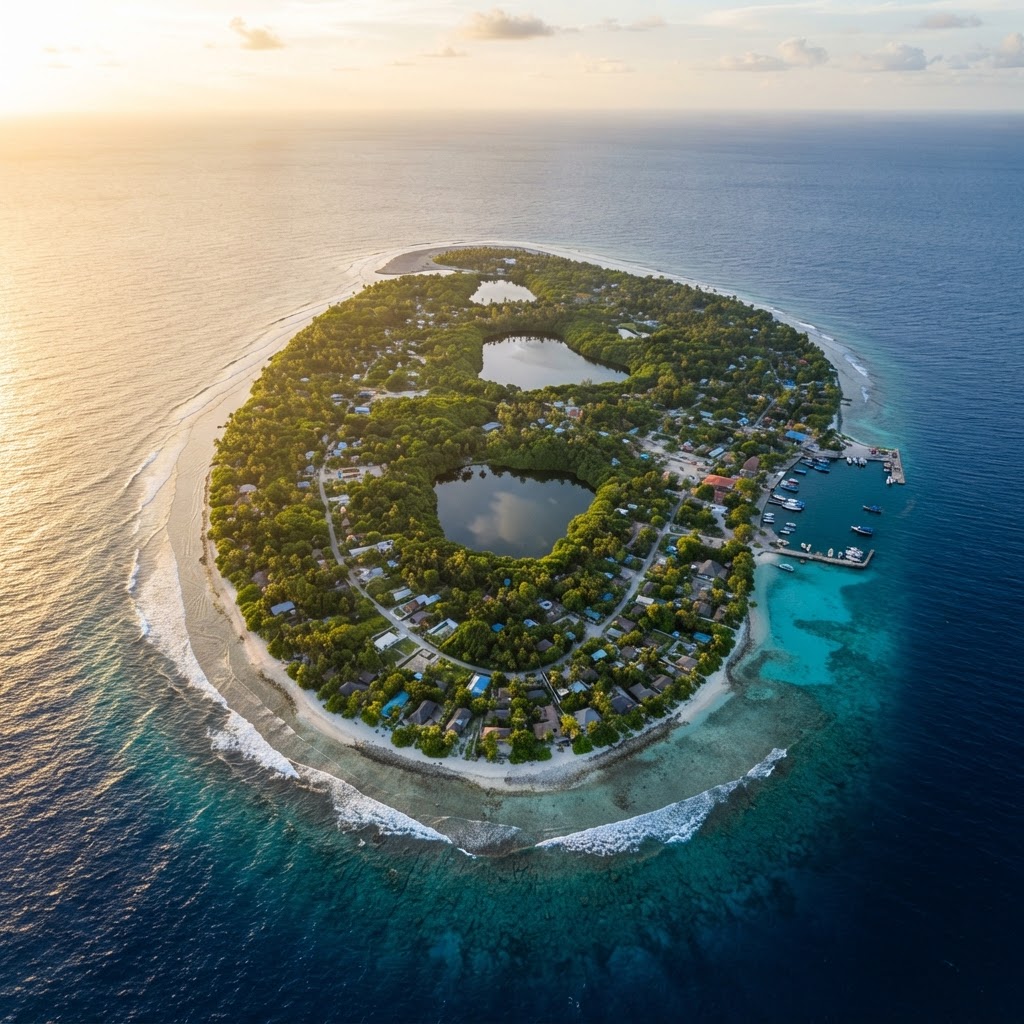Aerial view of Fuvahmulah single-island atoll in the deep south of the Maldives with turquoise lagoon and pebble beaches