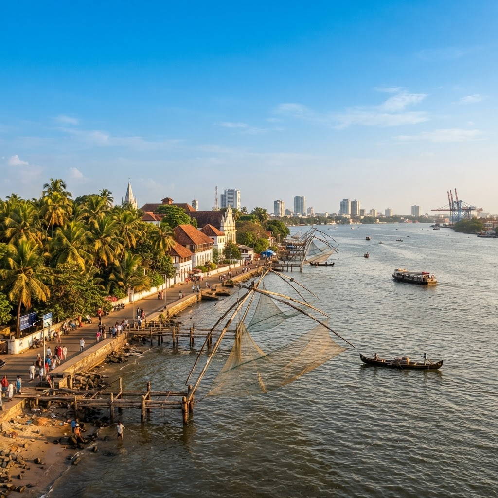 The Kochi Kerala India skyline with the Chinese fishing nets at Fort Kochi, colonial buildings, palm trees and backwaters under a clear blue sky