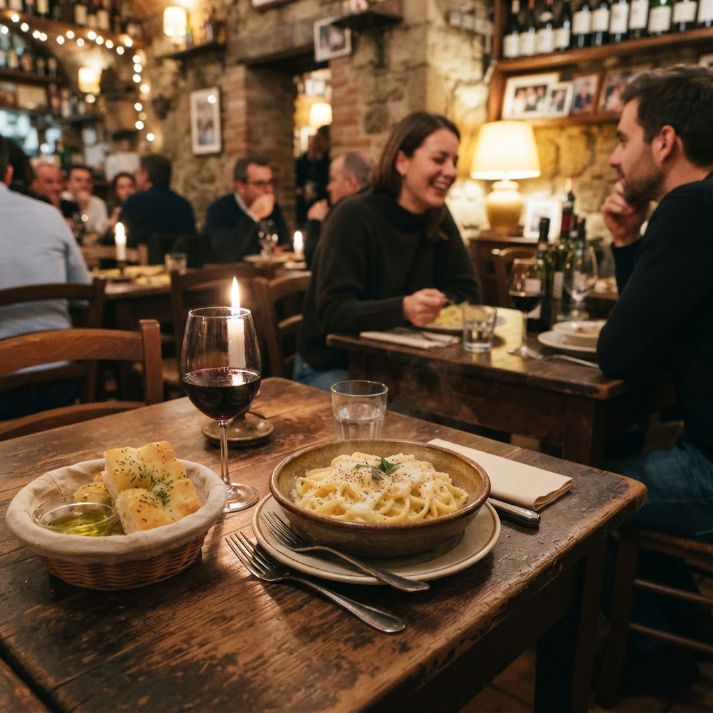 A Roman trattoria scene with a plate of cacio e pepe pasta, a glass of red wine and a basket of focaccia on a rustic wooden table
