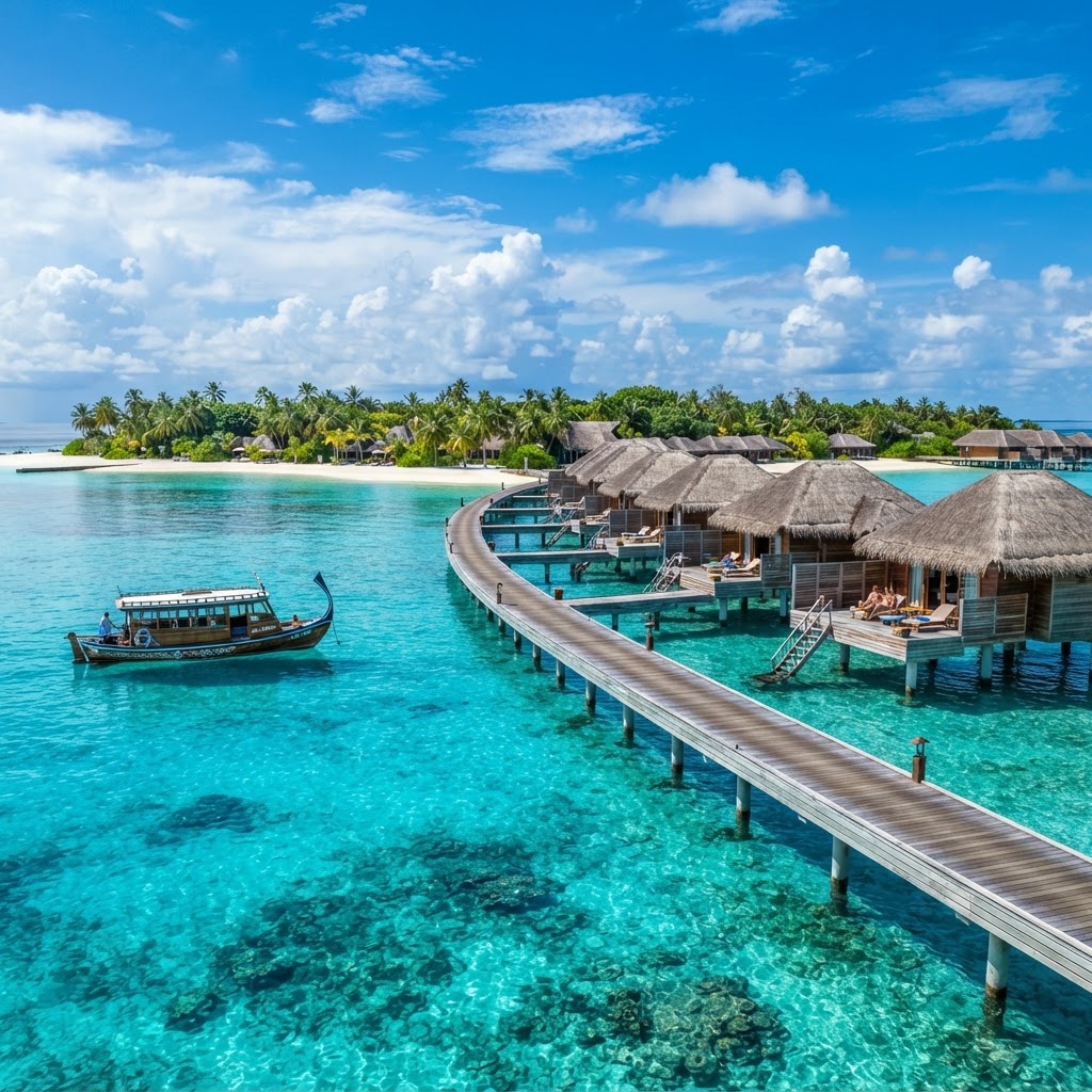 A luxury Maldivian overwater villa resort with thatched roofs on stilts above a crystal-clear turquoise lagoon under a bright blue sky