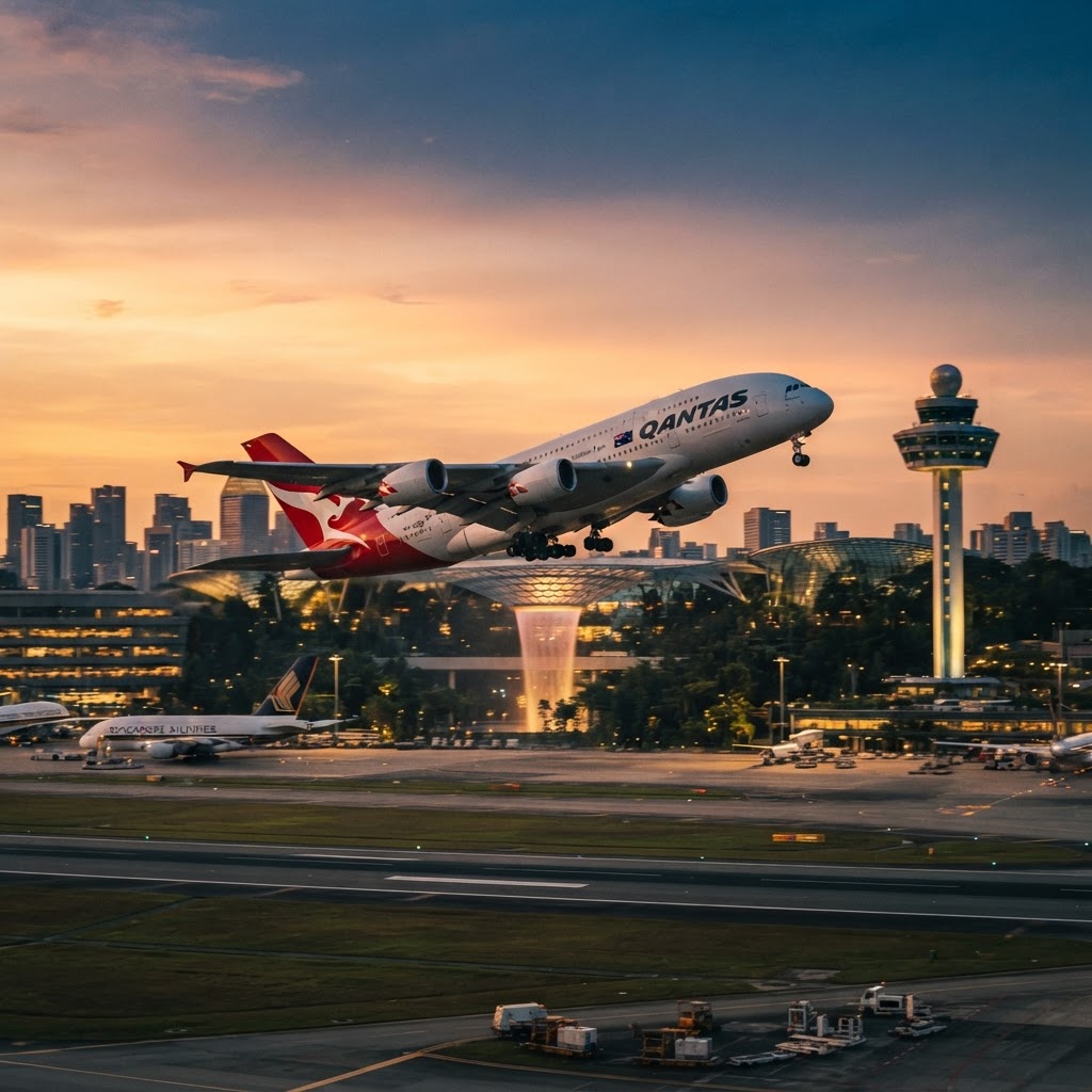 A Qantas Airbus A380 taking off from Singapore Changi Airport runway at dusk with the Jewel waterfall and the control tower in the background