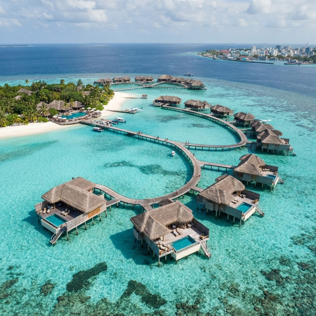Maldives overwater villas near Male with turquoise lagoon and white sand