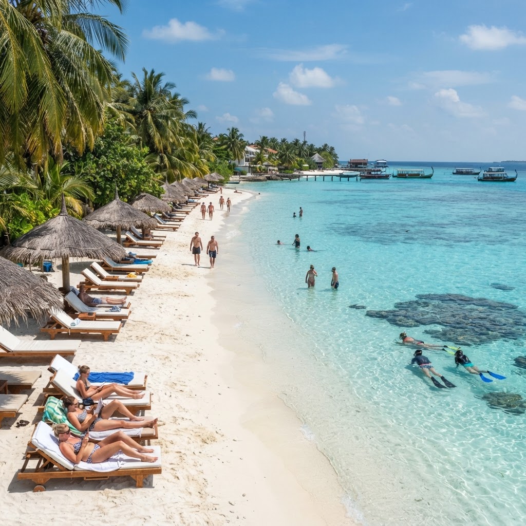 Maafushi bikini beach with white sand, sun loungers and turquoise water
