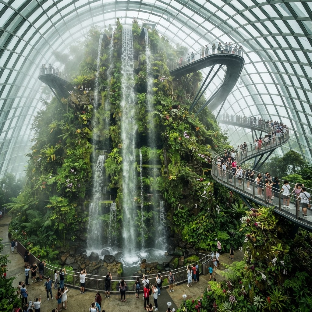 The Cloud Forest dome at Gardens by the Bay in Singapore with the indoor waterfall and misty mountain of tropical plants