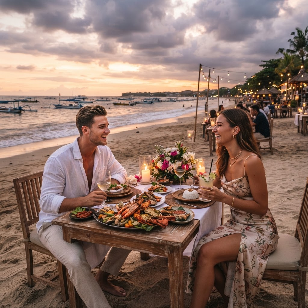 Couple in light evening resort wear at a Jimbaran Bali beachfront dinner at sunset