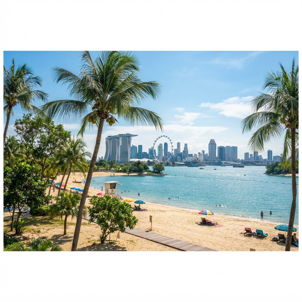 Sentosa Island beach with palm trees and the Singapore skyline