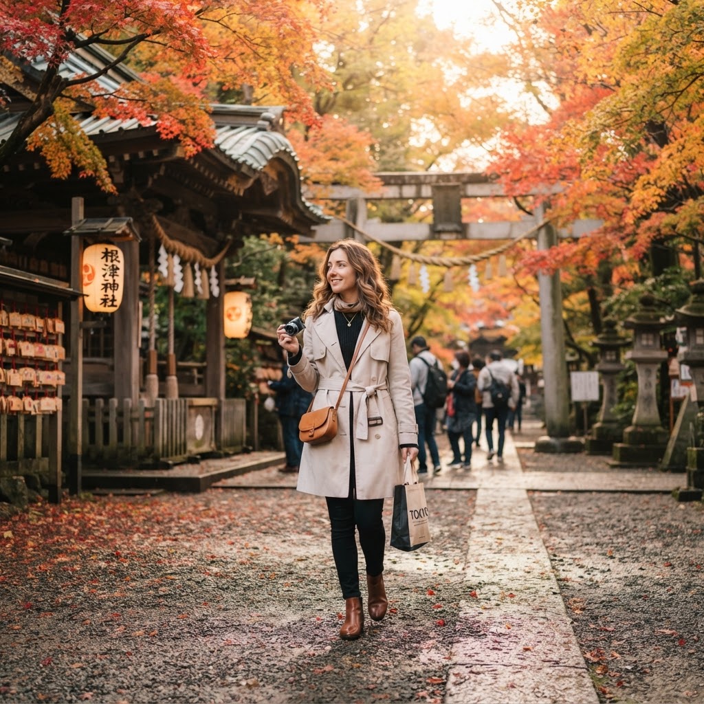 Stylish traveler in light trench coat and ankle boots visiting a traditional Tokyo shrine in October with autumn maple leaves