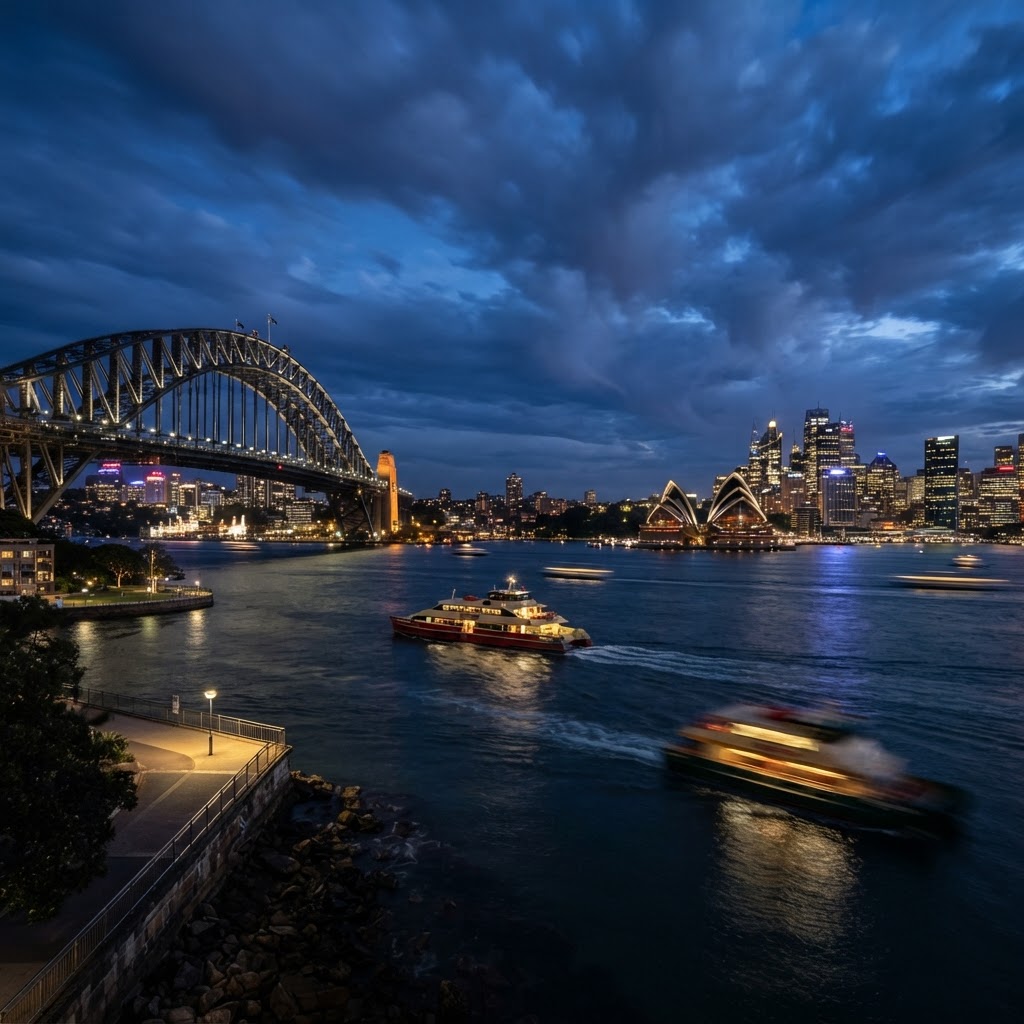 Sydney Harbour Bridge and city skyline at blue hour