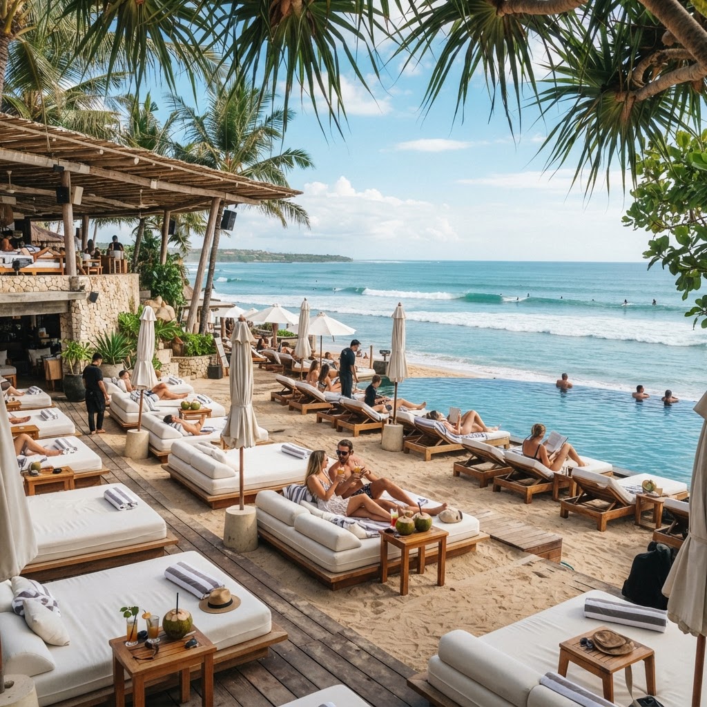White day beds at a Bali beach club facing the ocean