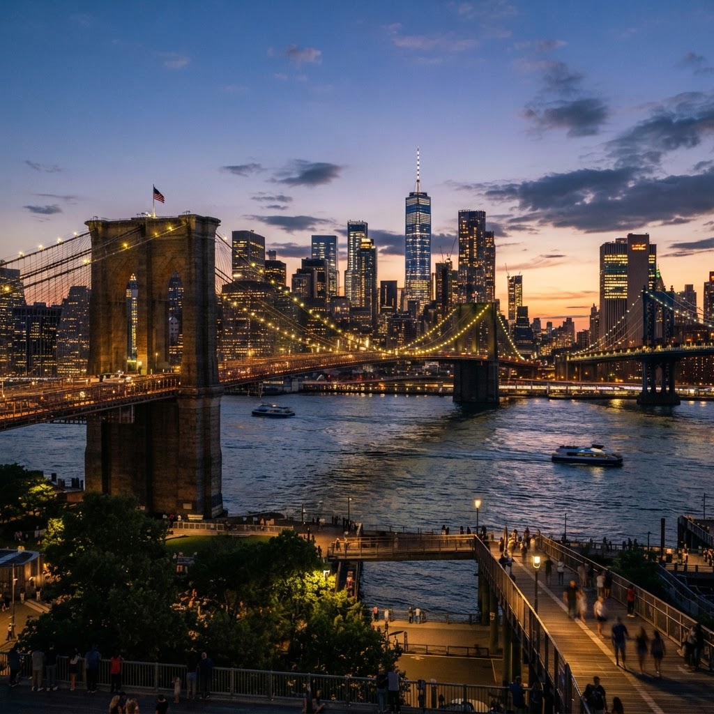 The Brooklyn Bridge in New York City at dusk with the Manhattan skyline and One World Trade Center glowing in the background and the East River below