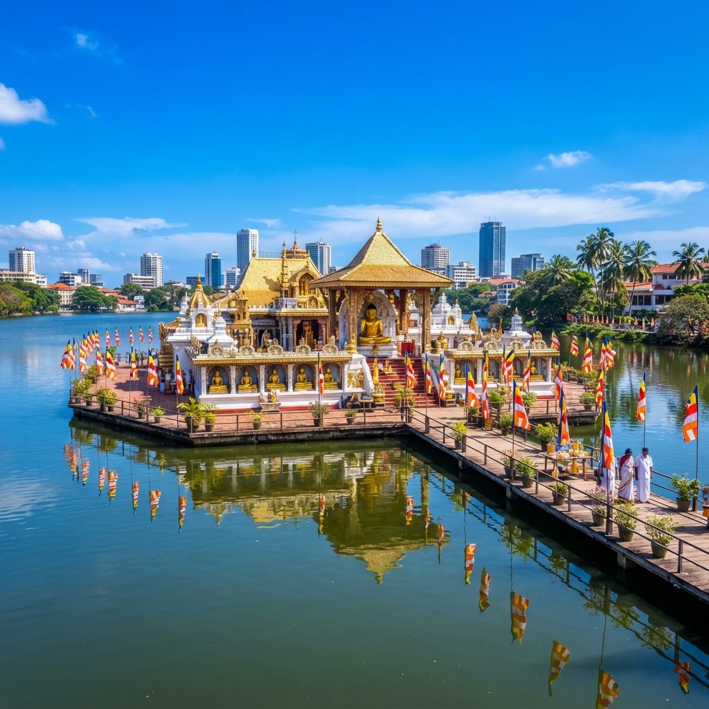 The Gangaramaya Buddhist Temple in Colombo with its ornate golden and white architecture and seated Buddha statues reflected in Beira Lake under a bright blue sky
