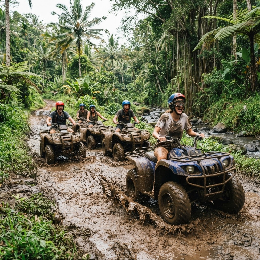 Group of tourists riding ATVs through a muddy jungle trail in Bali