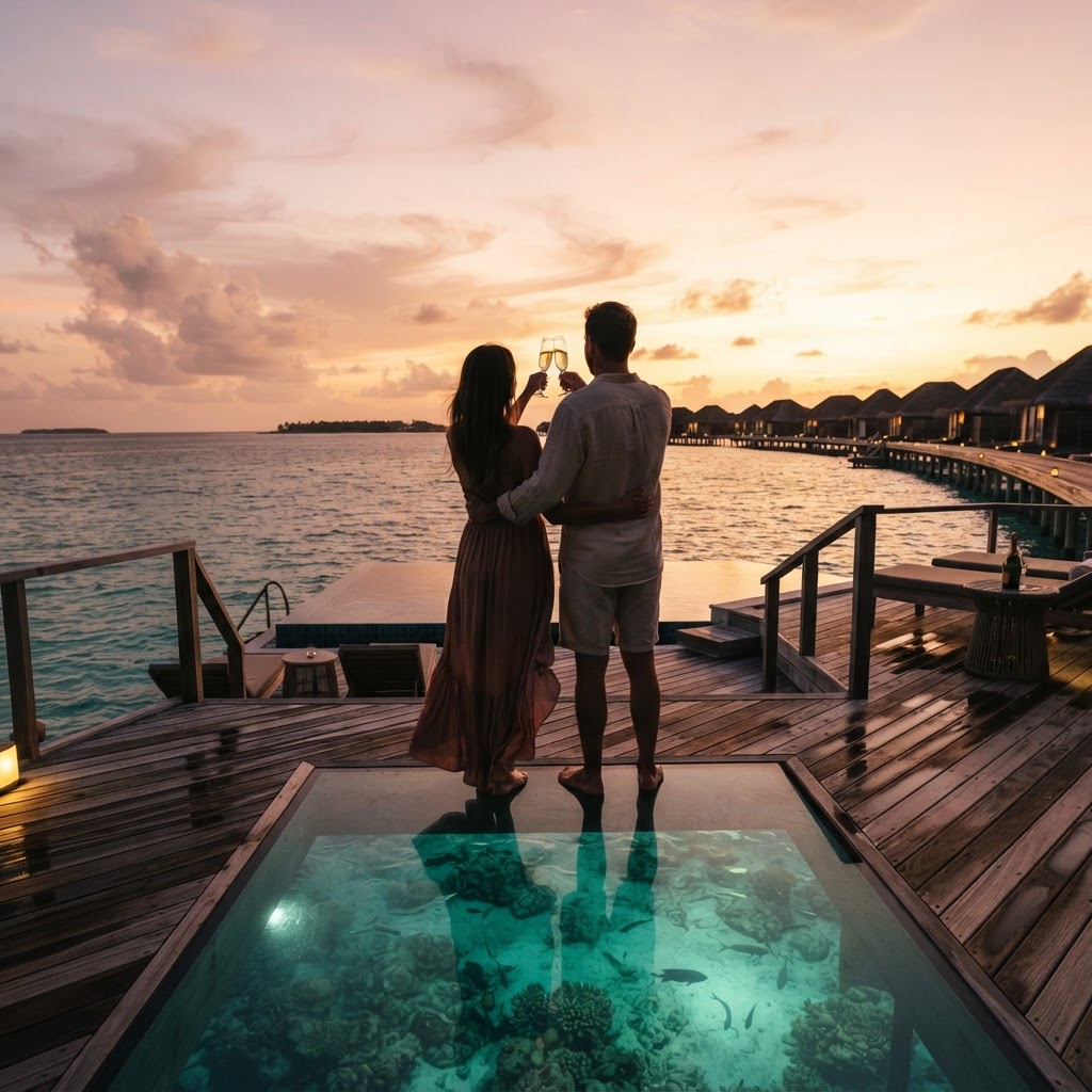 Maldives honeymoon couple toasting champagne on an overwater villa deck at sunset
