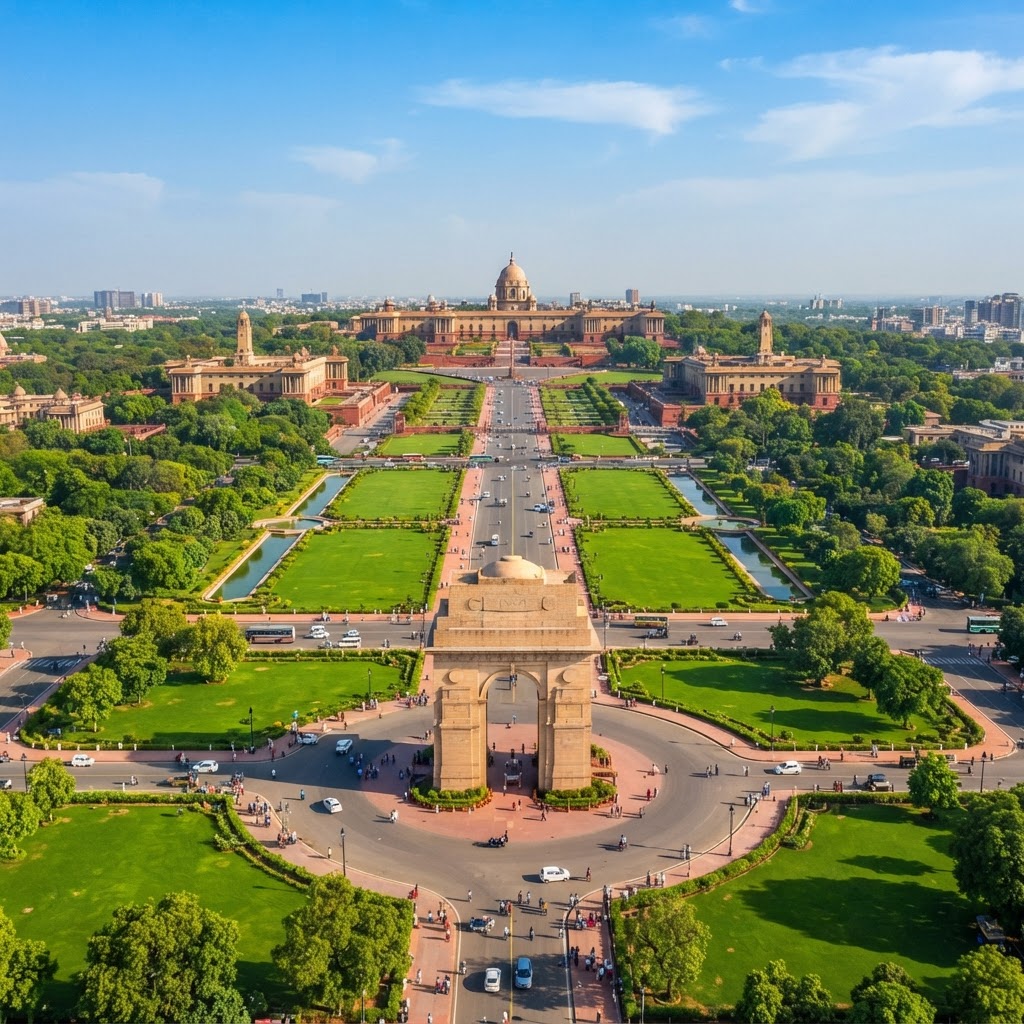 The India Gate war memorial in New Delhi with its grand sandstone arch, ceremonial boulevard and the Rashtrapati Bhavan in the distance under a clear blue sky