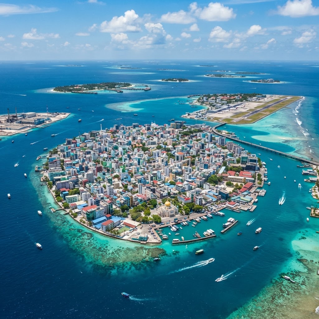Aerial view of Male, Maldives — the small island city surrounded by turquoise lagoon