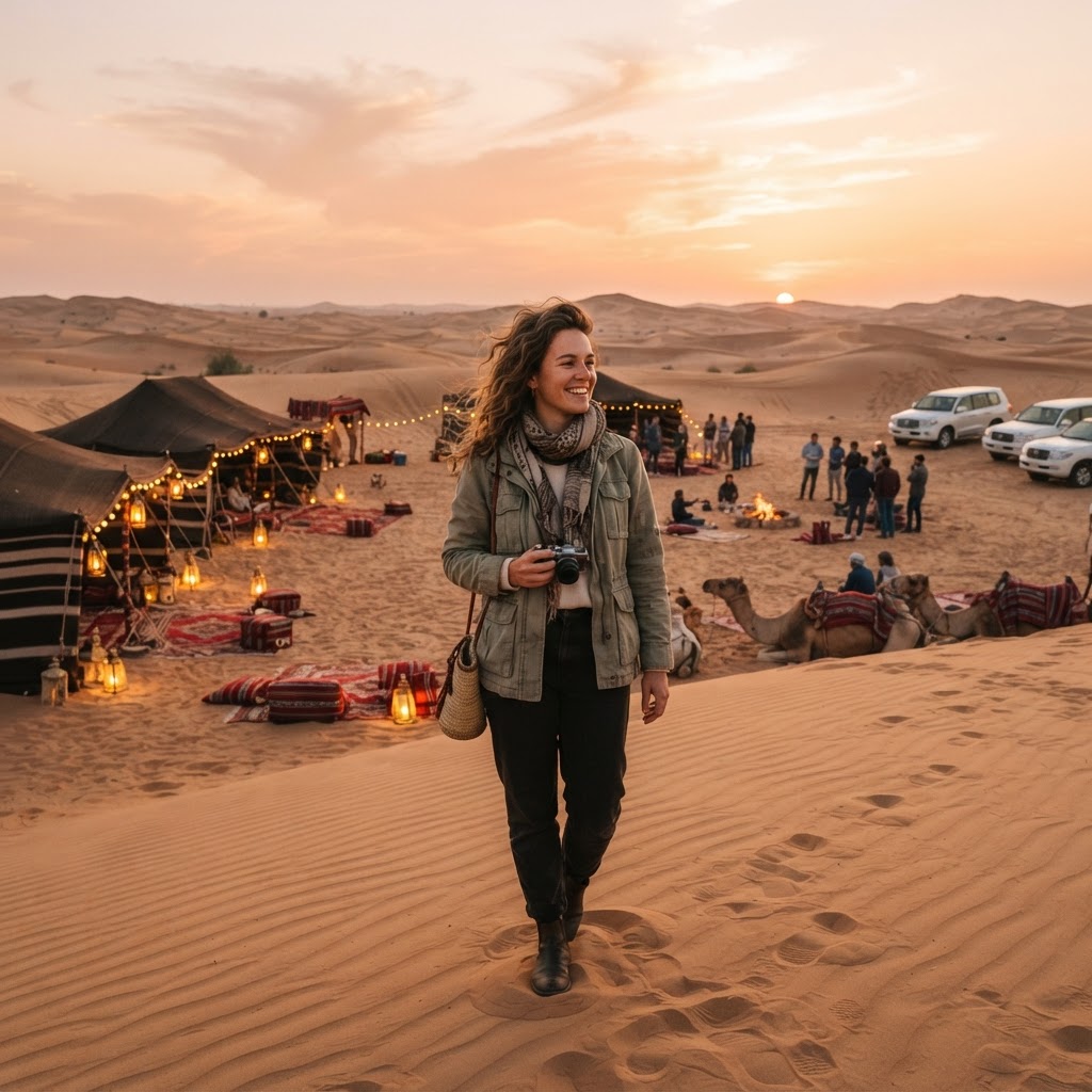 Traveler in a light jacket and scarf at a Dubai desert safari camp at sunset in December