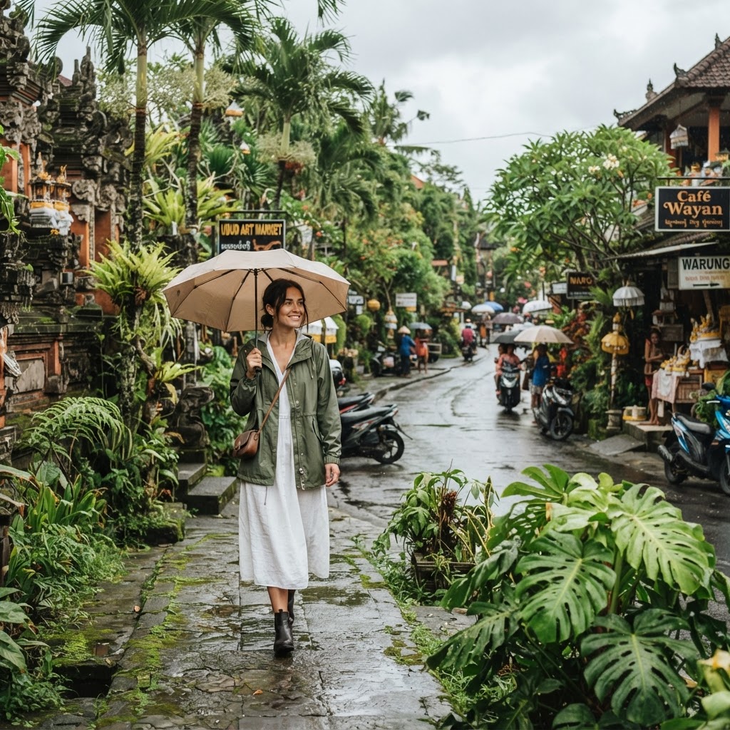 Woman in light rain jacket and linen dress with compact umbrella in a lush green Bali street in December