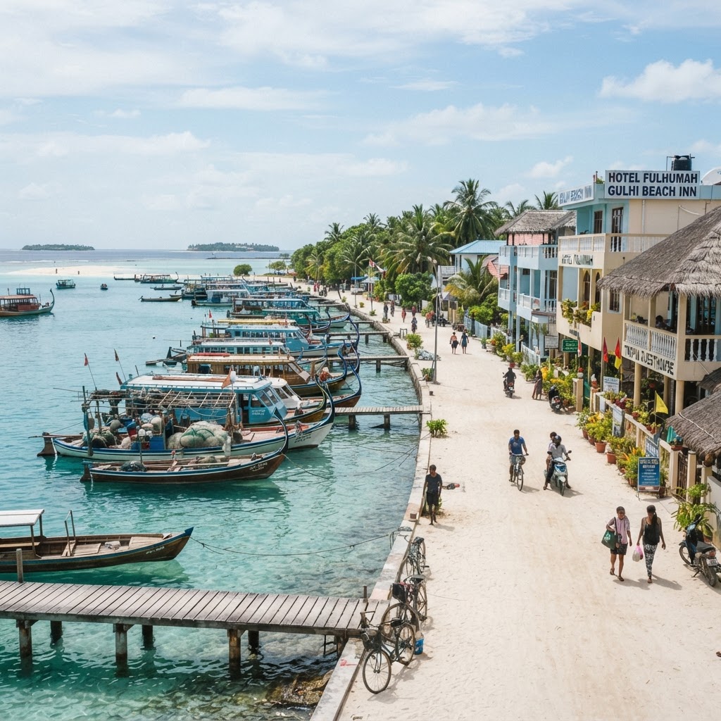 Gulhi island local harbour with fishing boats and dhonis, turquoise water