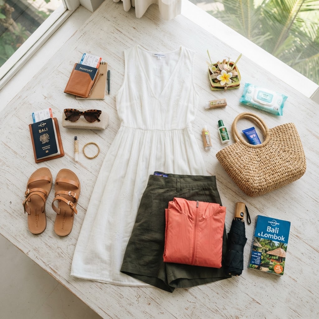 Flat lay of a Bali December day outfit with quick-dry clothing and packable rain jacket