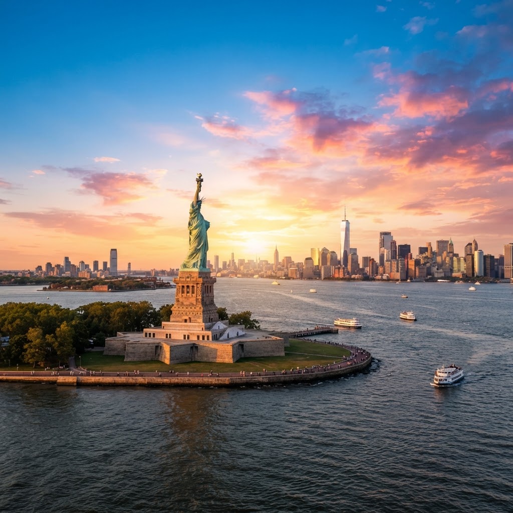 The Statue of Liberty on Liberty Island in New York Harbor at sunset with the Manhattan skyline in the background
