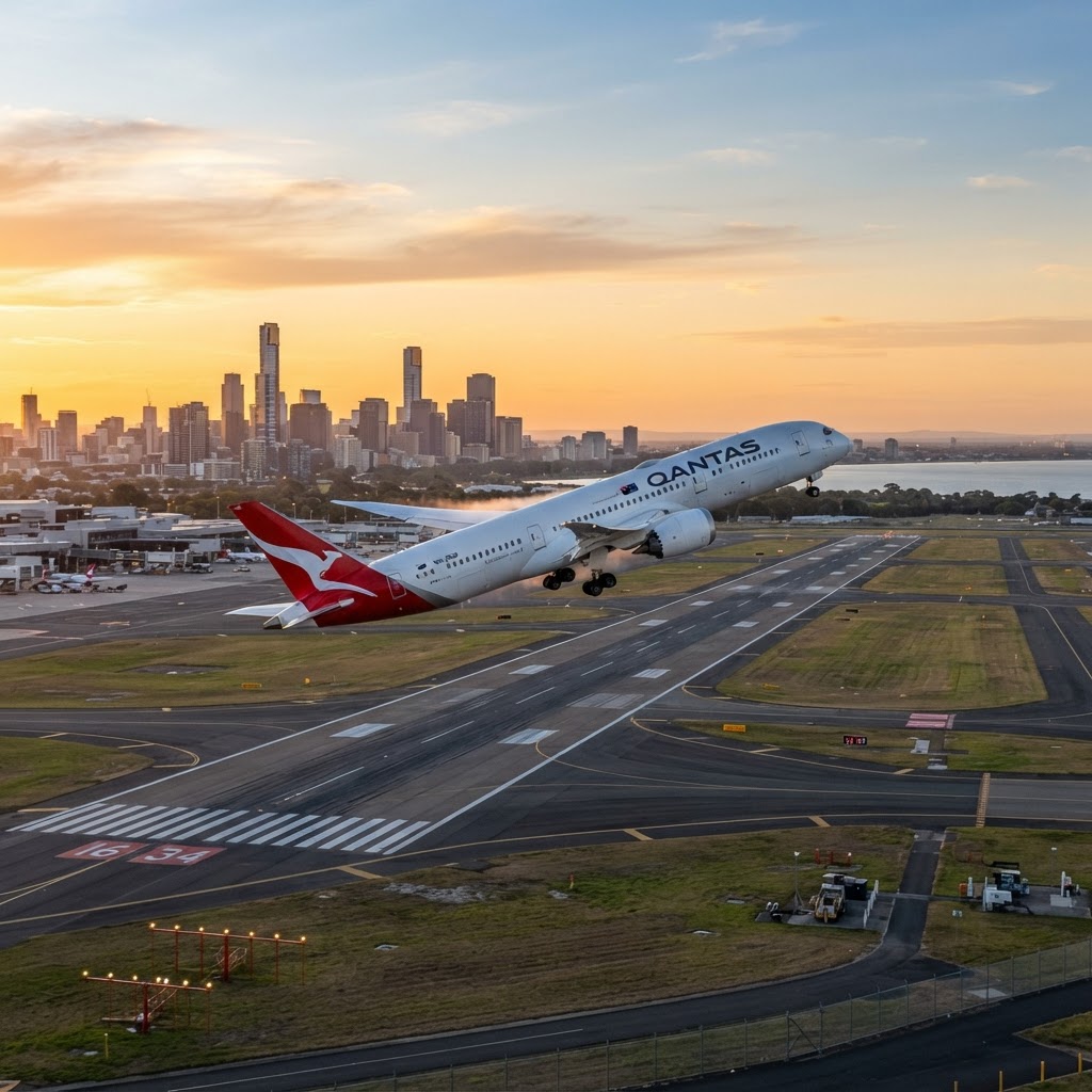 A Qantas Boeing 787 Dreamliner taking off from Melbourne Tullamarine Airport runway at dawn with the Melbourne city skyline and Port Phillip Bay in the distance