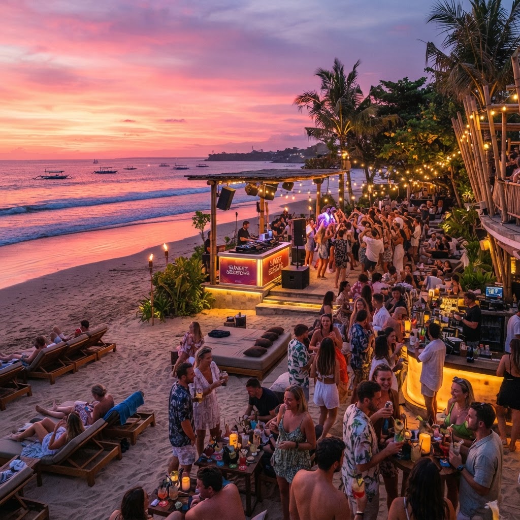 Bali beach club at sunset with cocktails and string lights
