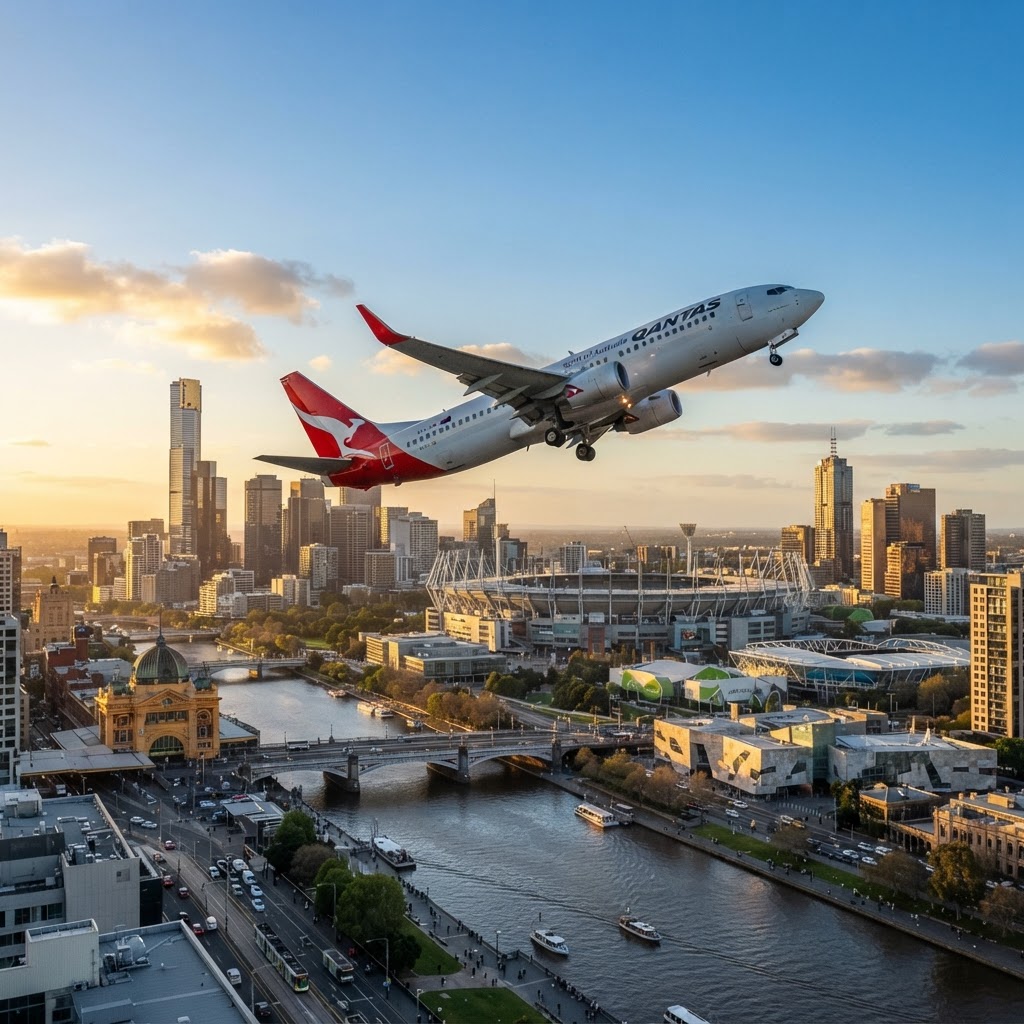 Qantas Boeing 737 climbing over the Yarra River and the Melbourne skyline at golden hour