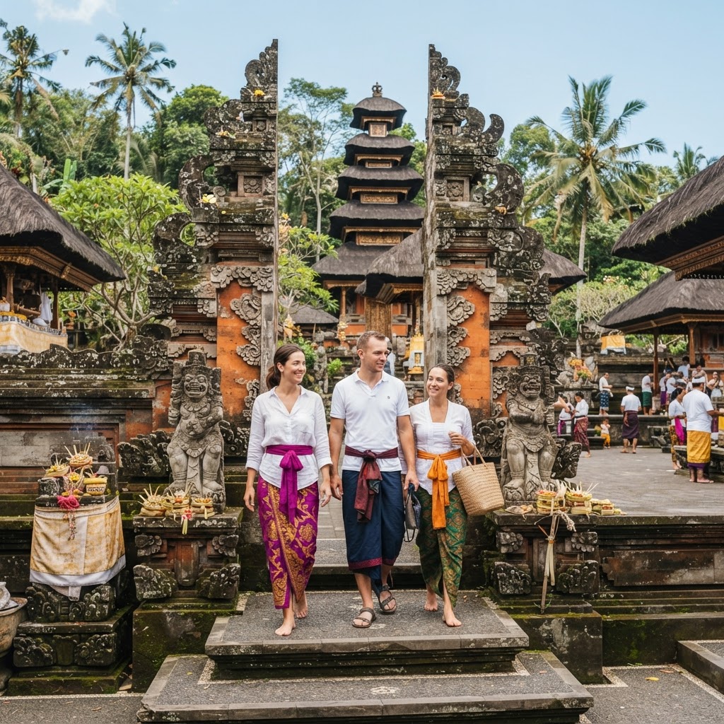 Tourists wearing sarongs and sashes at a Balinese temple entrance