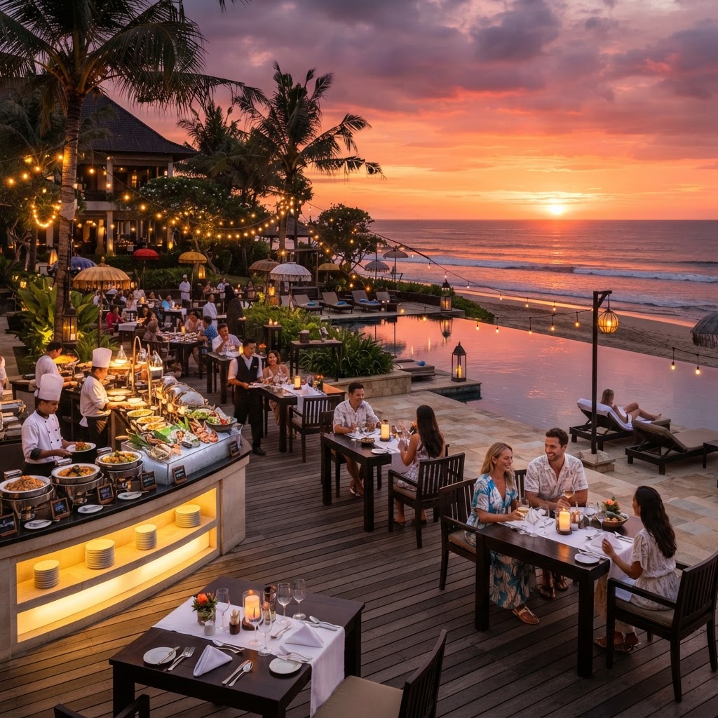 Outdoor restaurant at Novotel Bali Benoa at sunset with string lights