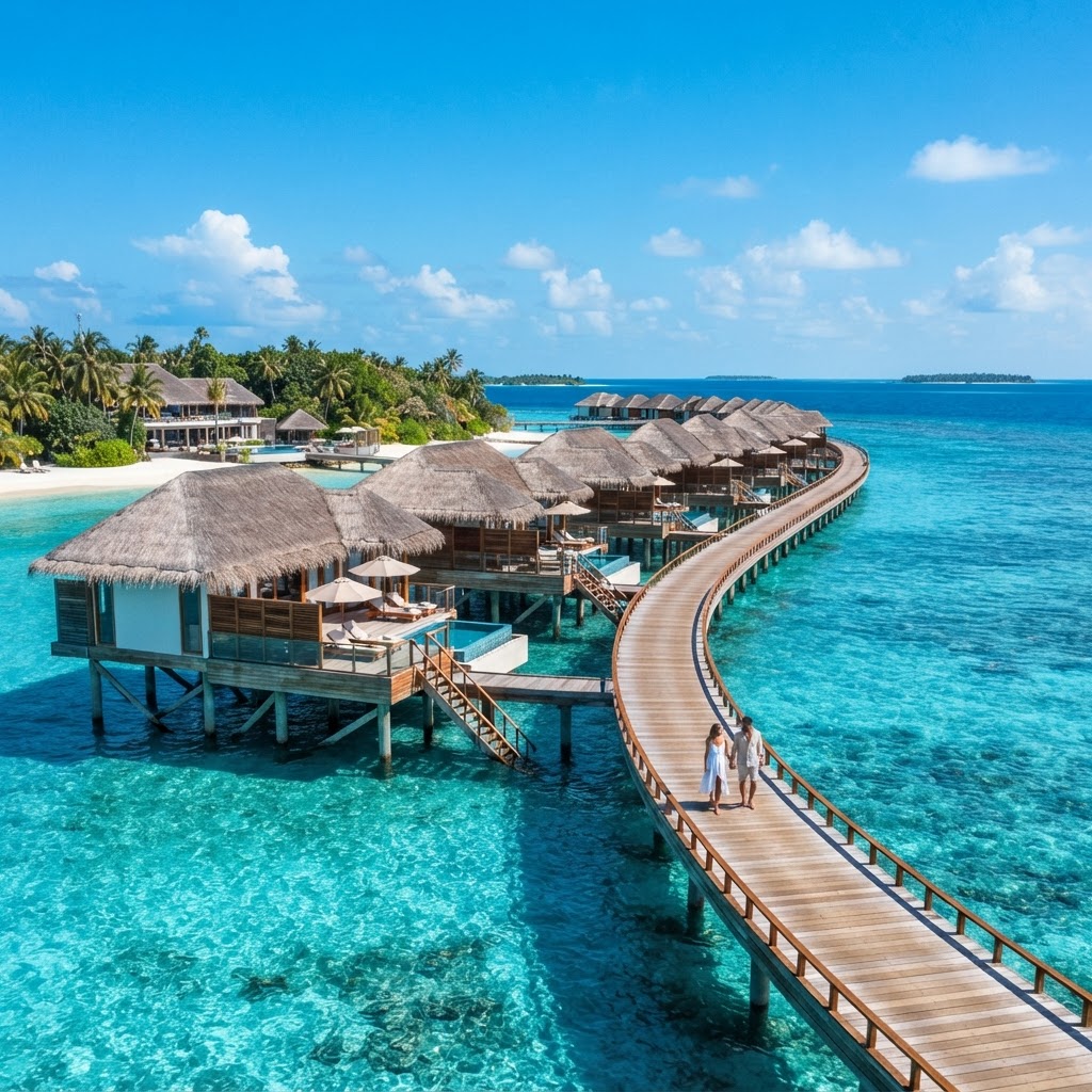 A row of luxury overwater villas on stilts above a turquoise Maldives lagoon