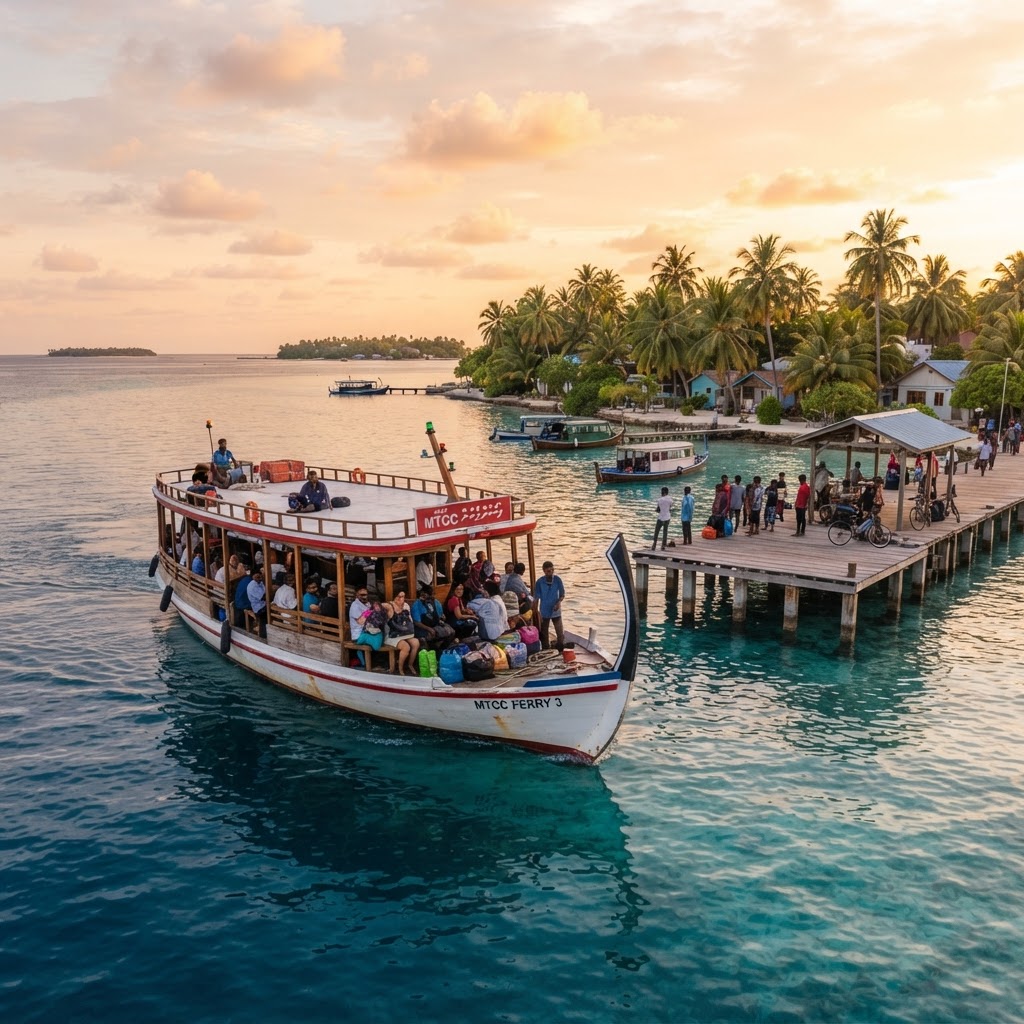 MTCC public ferry approaching a local island jetty at golden hour