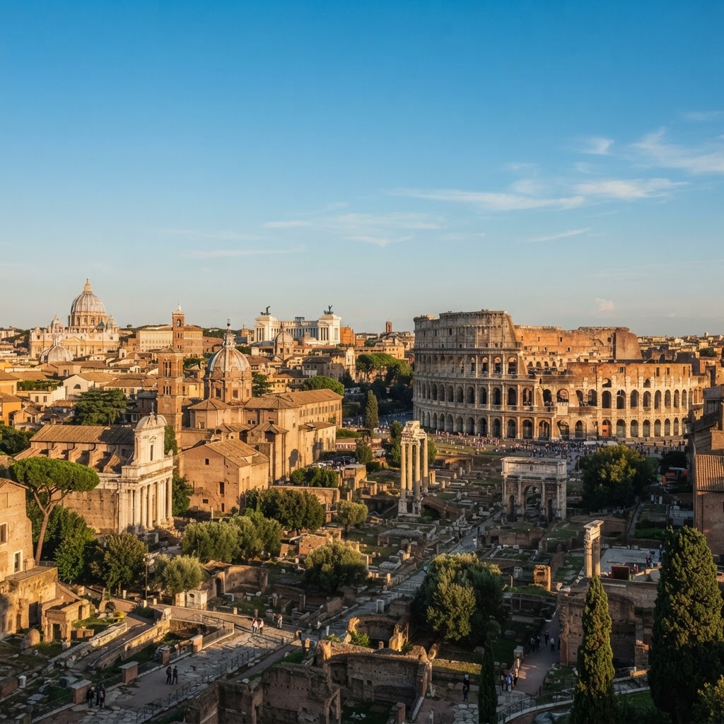 The Rome skyline with the Colosseum, ancient Roman ruins and domed churches in golden afternoon light under a clear blue sky