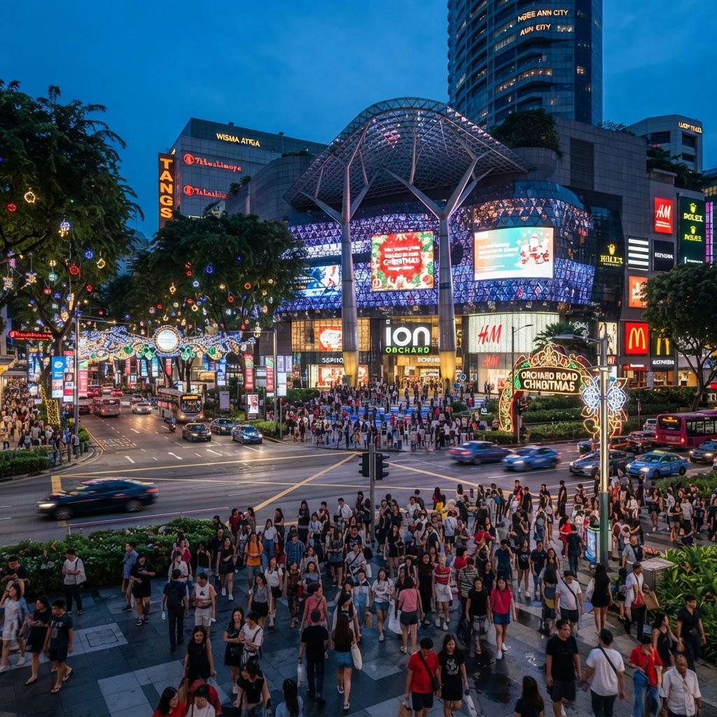 Orchard Road in Singapore at dusk with neon signs, Christmas lights and the Ion Orchard mall in the background