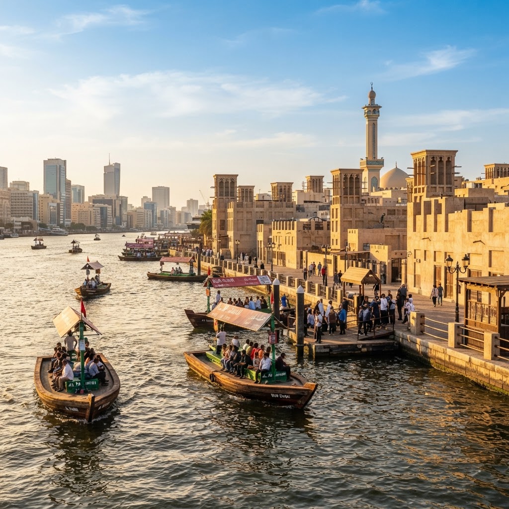 Dubai Creek with traditional wooden abra boats and Al Fahidi district