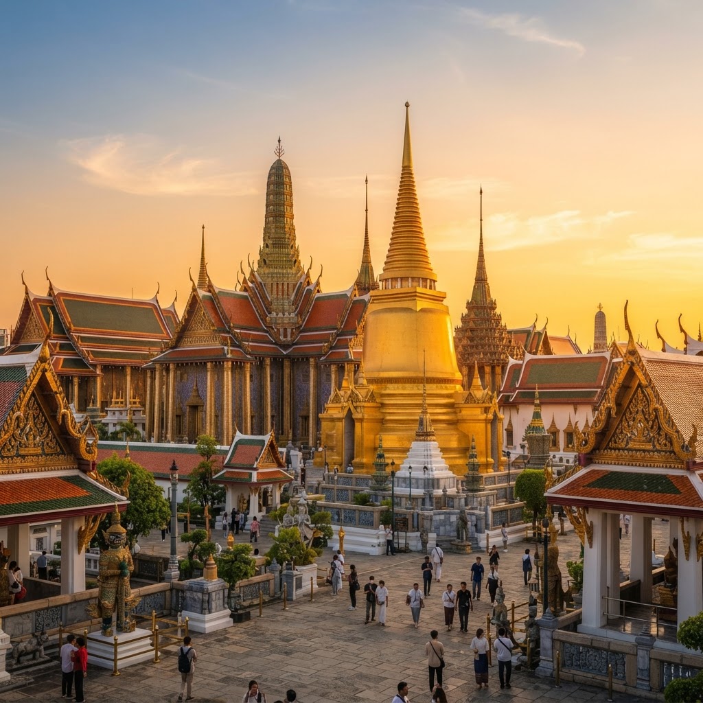 Grand Palace and Wat Phra Kaew in Bangkok at golden sunset