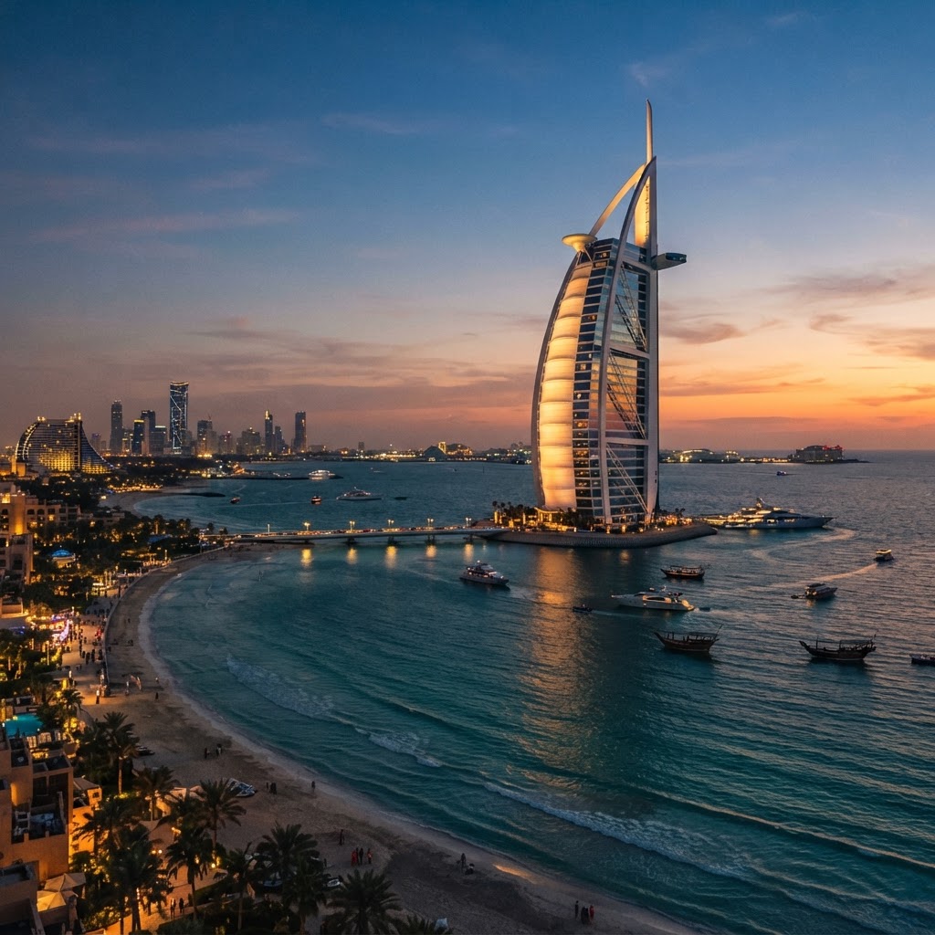 Burj Al Arab sail-shaped hotel on its island at dusk in Dubai