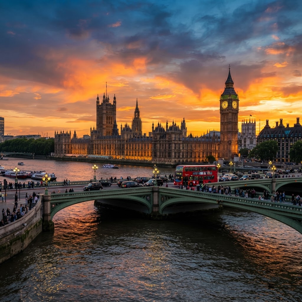Big Ben, the Houses of Parliament and Westminster Bridge in London at sunset with a red double-decker bus crossing the bridge and the Thames in the foreground