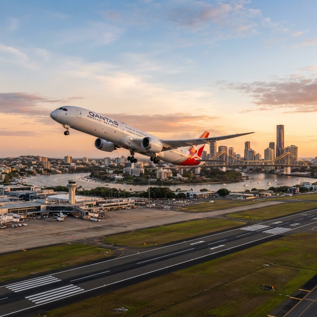 A Qantas Boeing 787 Dreamliner taking off from Brisbane Airport runway at dawn with the Brisbane River and Story Bridge in the distance