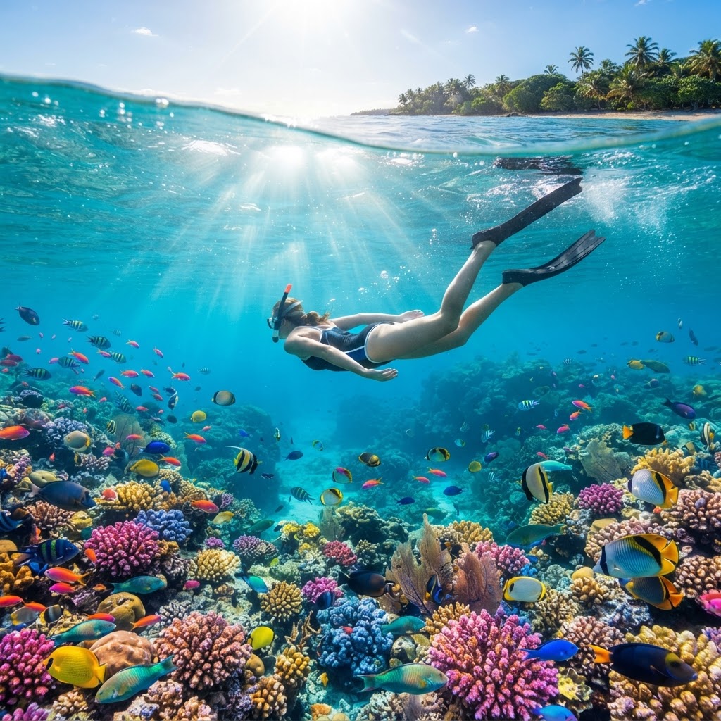Snorkeller swimming over a vibrant Fiji coral reef in clear turquoise water
