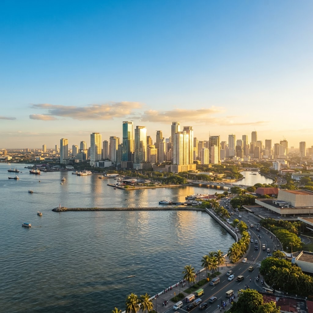 The Manila Philippines skyline with the Makati skyscrapers and Manila Bay in golden afternoon light under a clear blue sky