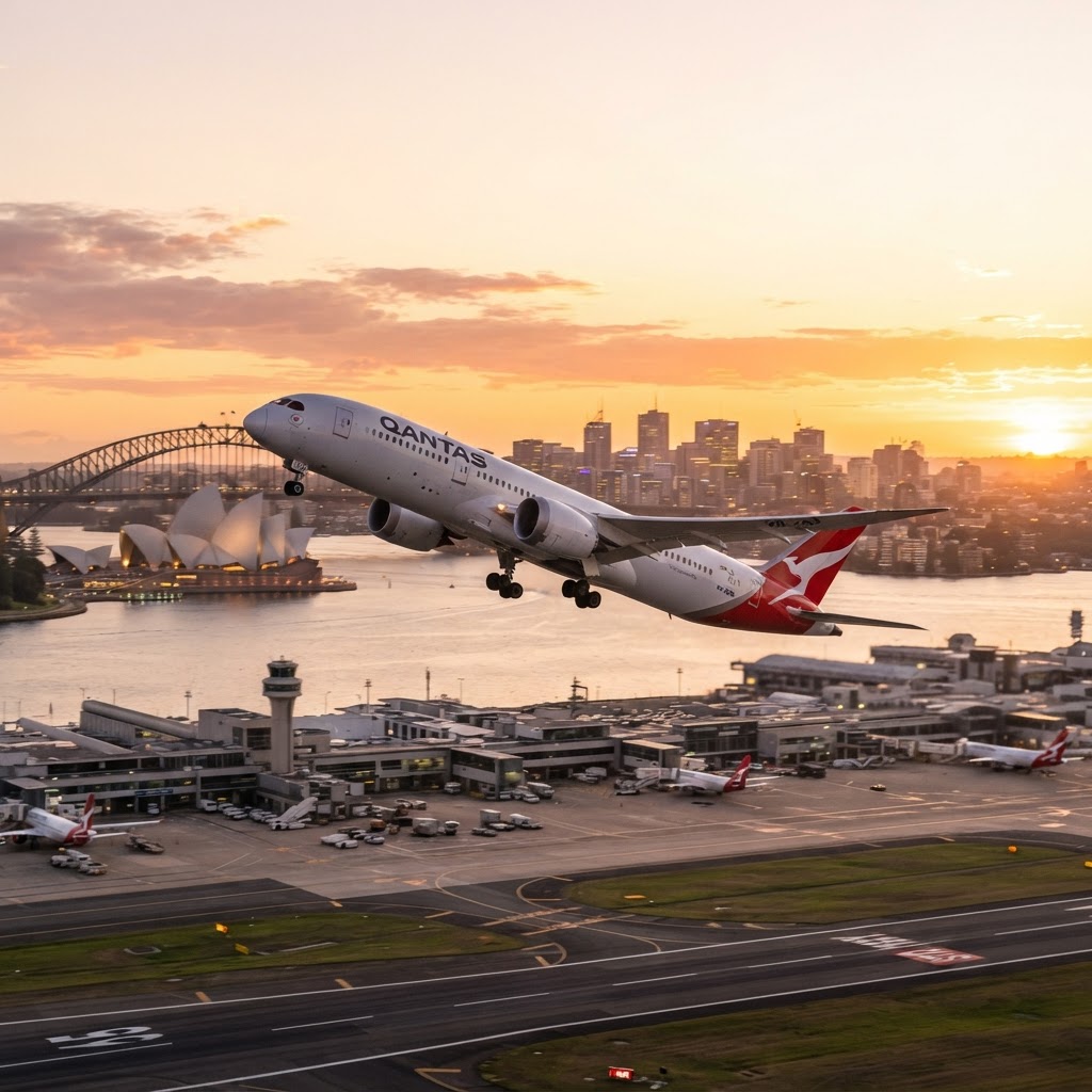 A Qantas Boeing 787 Dreamliner taking off at sunrise with golden morning light, photorealistic aviation photography, cinematic wide shot