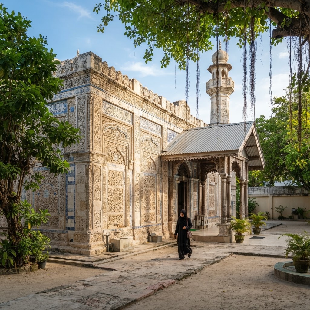 The historic Old Friday Mosque (Hukuru Miskiy) in Male with intricate coral stone carvings