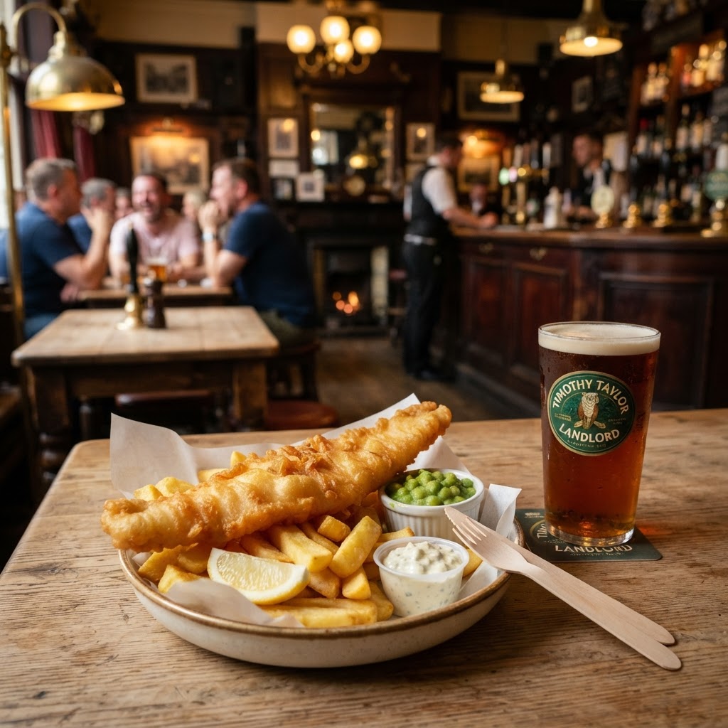 A London pub scene with fish and chips, mushy peas and a pint of ale on a wooden table